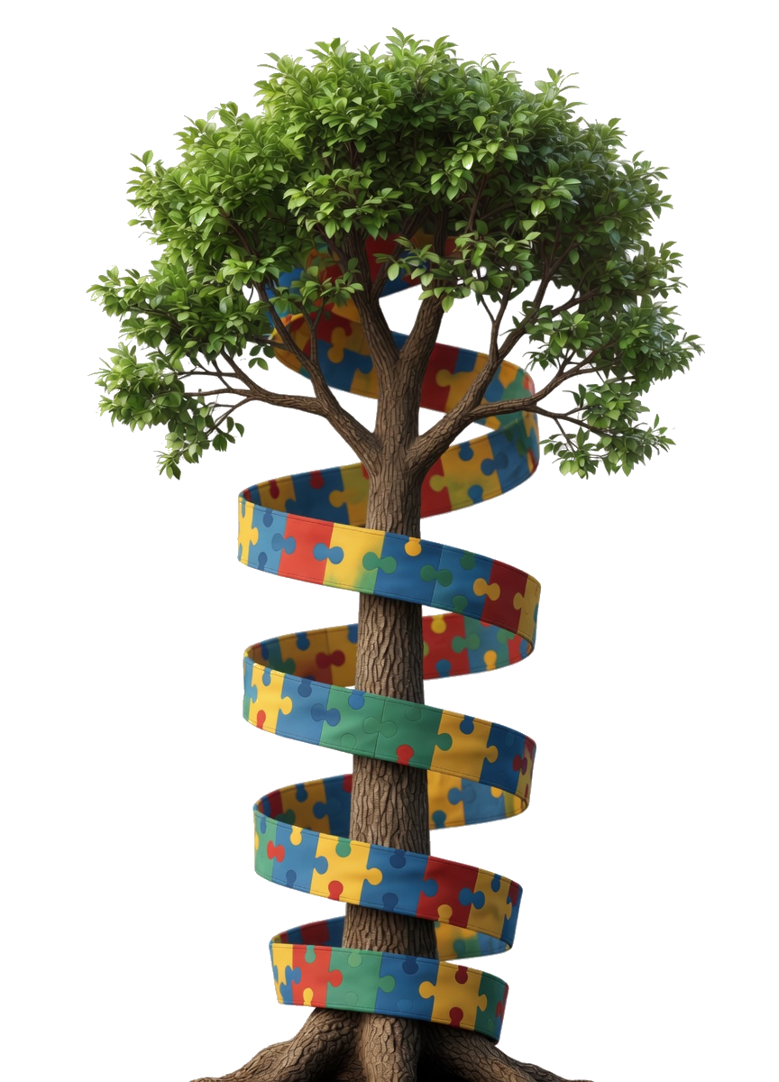 Illustration of a flourishing tree wrapped in brightly colored autism-awareness puzzle-piece ribbons winding up the trunk, symbolizing growth and community rooted in neurodiverse families.